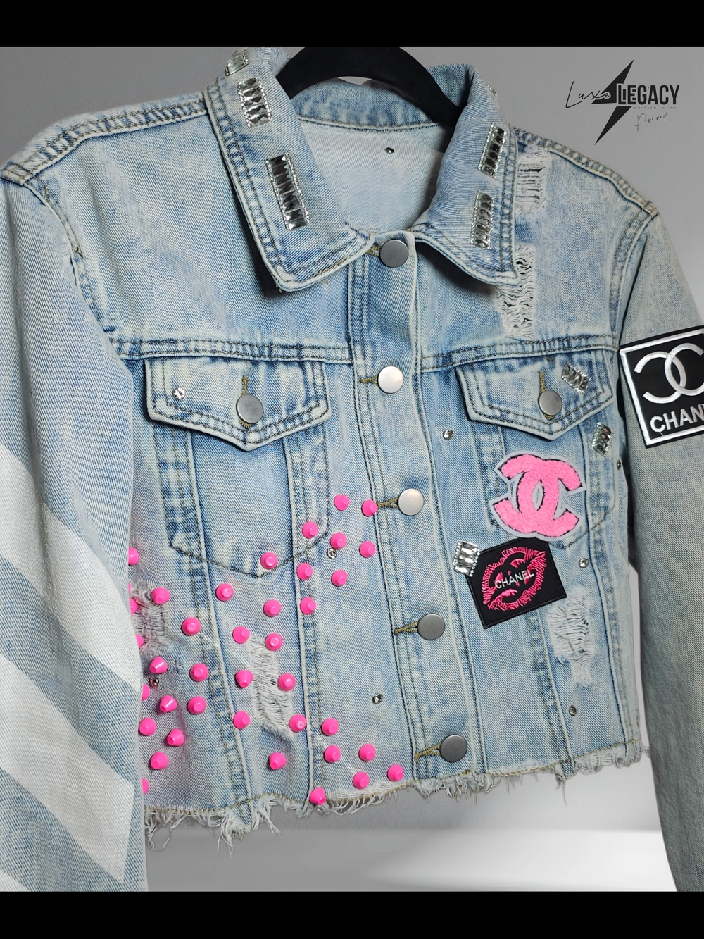 Customized Light Wash Denim Jean Jacket with Pink Stud & Patch Details